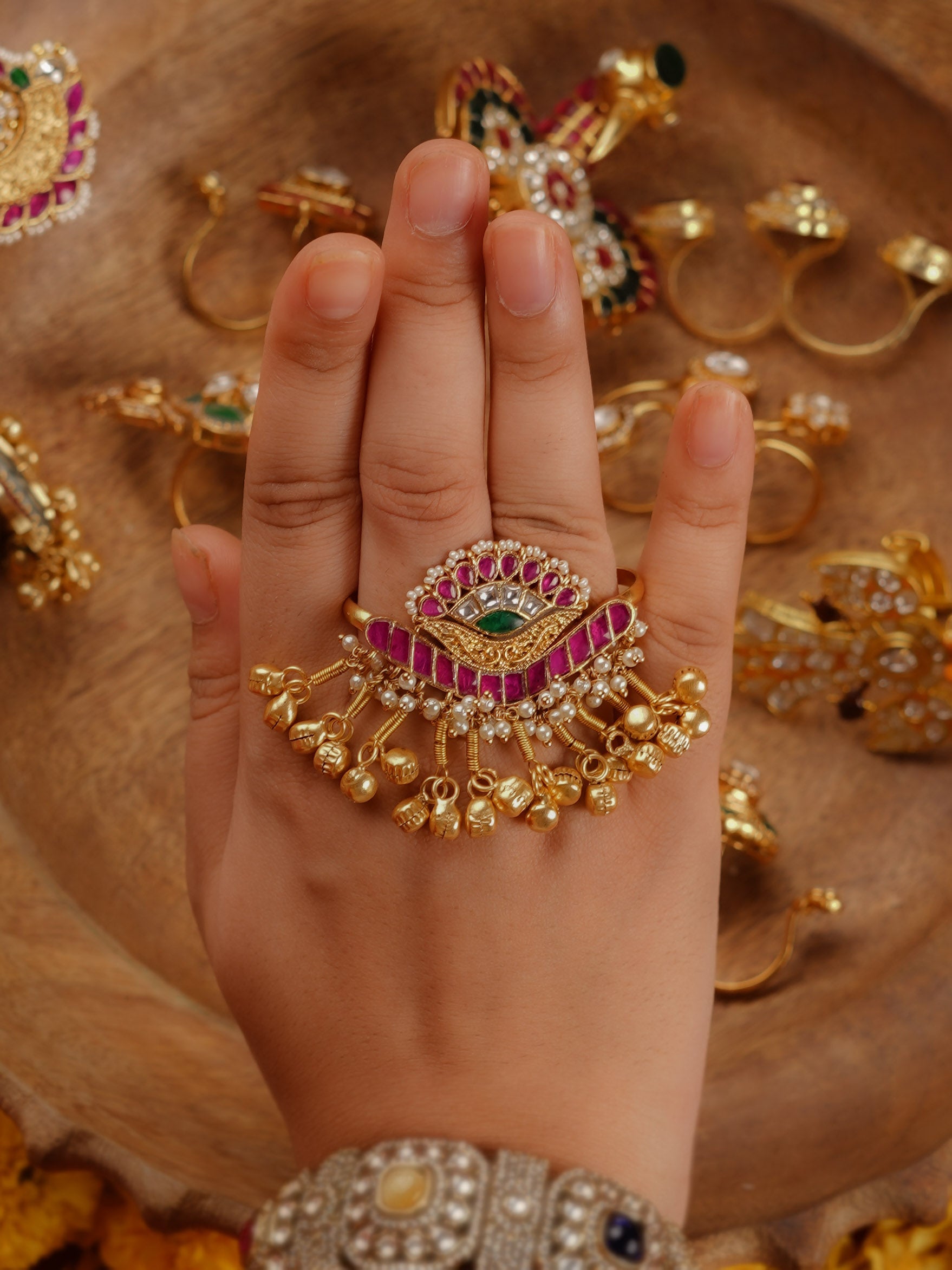 Multicolor Gold Plated Jadau Kundan Ring - MRNG183M