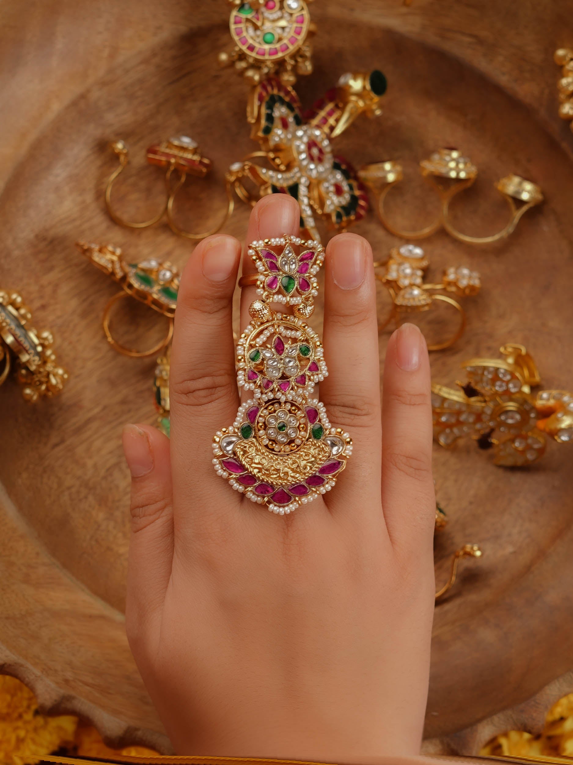 Multicolor Gold Plated Jadau Kundan Ring - MRNG184M