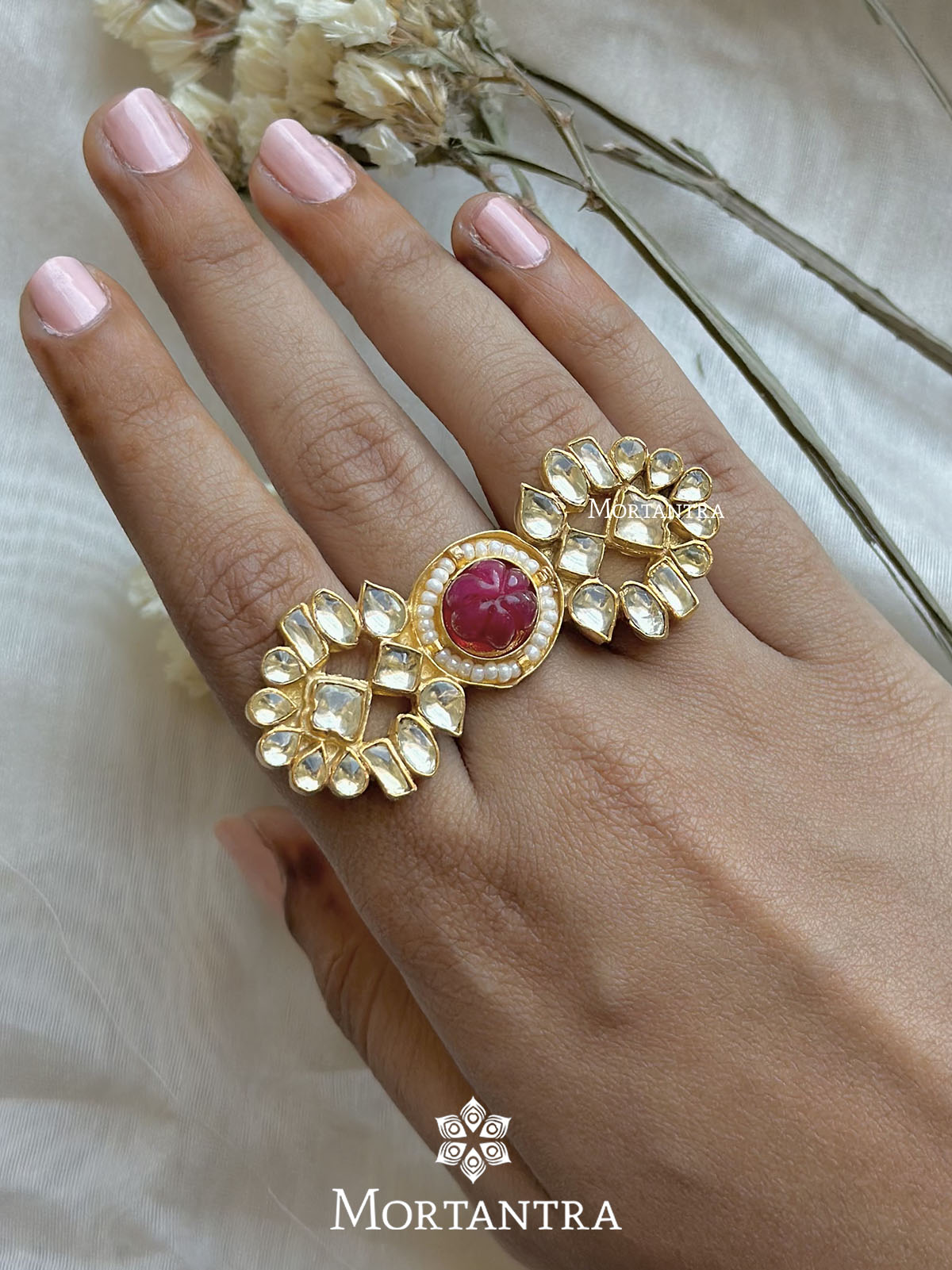 Pink Color Gold Plated Jadau Kundan Ring - MRNG90YP