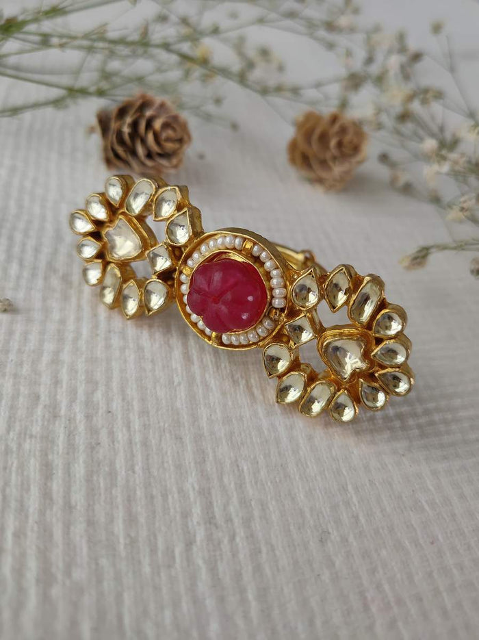 Pink Color Gold Plated Jadau Kundan Ring - MRNG90YP