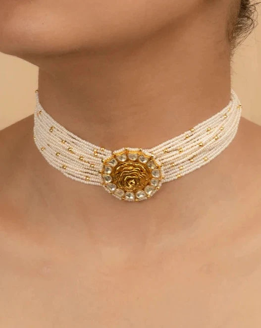 White Color Gold Plated Jadau Kundan Necklace Set - MS1122Y