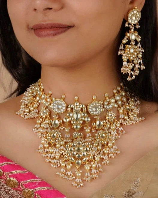 White Color Gold Plated Jadau Kundan Necklace Set - MS1304Y 