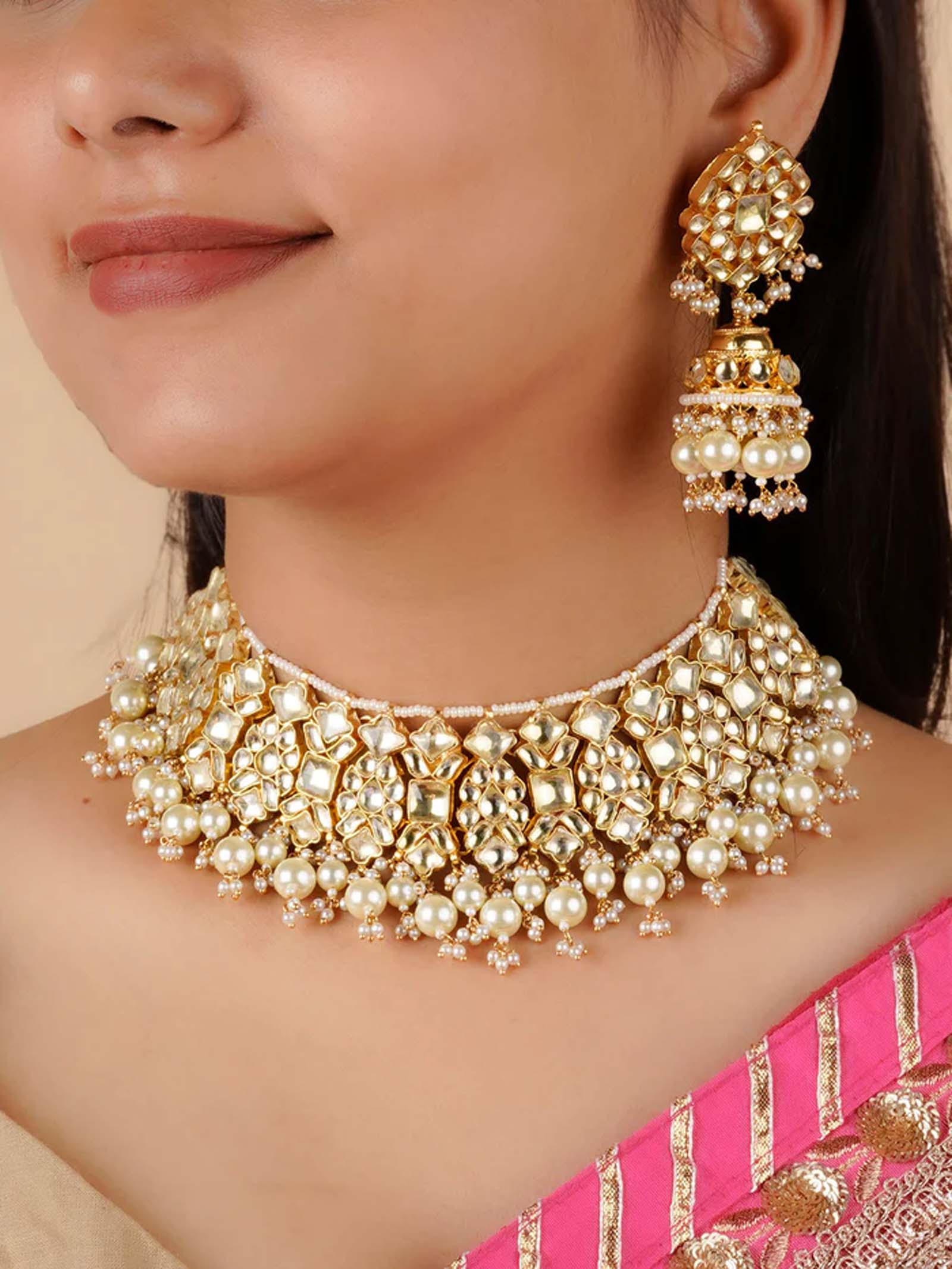 White Color Gold Plated Jadau Kundan Necklace Set - MS1617Y