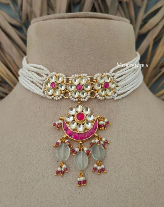 Pink Color Gold Plated Jadau Kundan Necklace Set - MS1626YP 