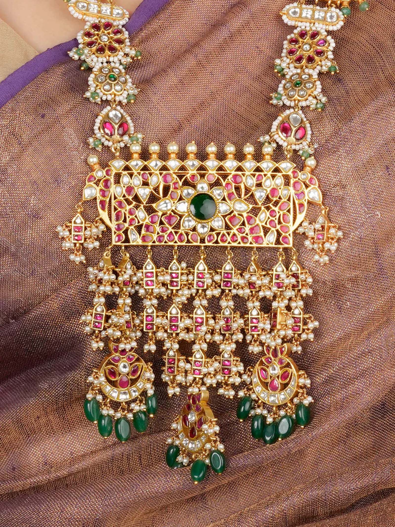 Multicolor Gold Plated Jadau Kundan Bridal Necklace Set - MS1758M