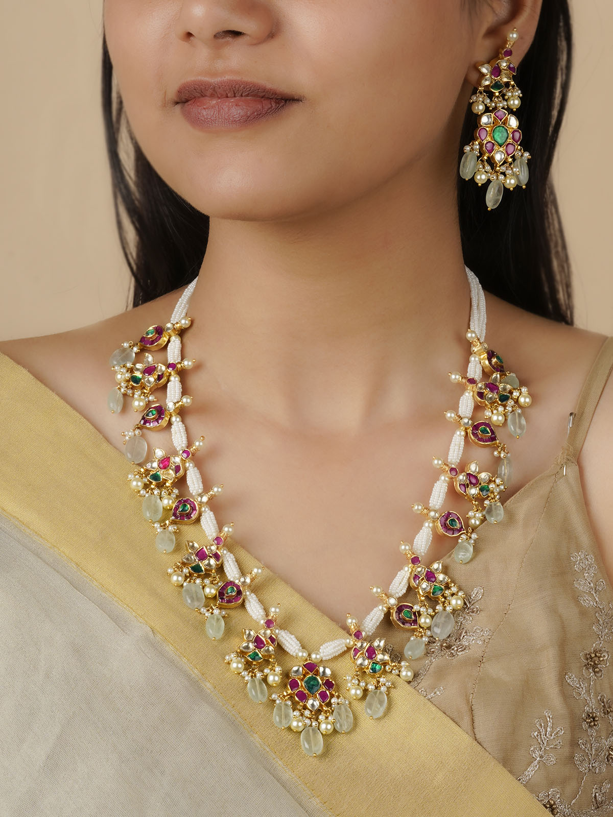 Multicolor Gold Plated Jadau Kundan Necklace Set - MS1772M