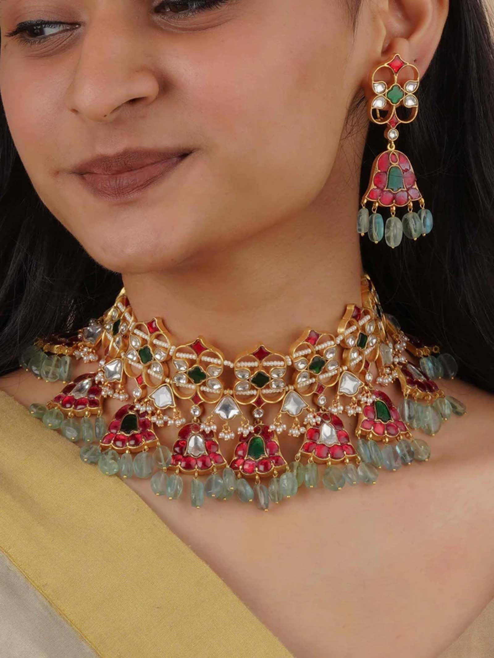 Multicolor Gold Plated Jadau Kundan Necklace Set - MS2010M