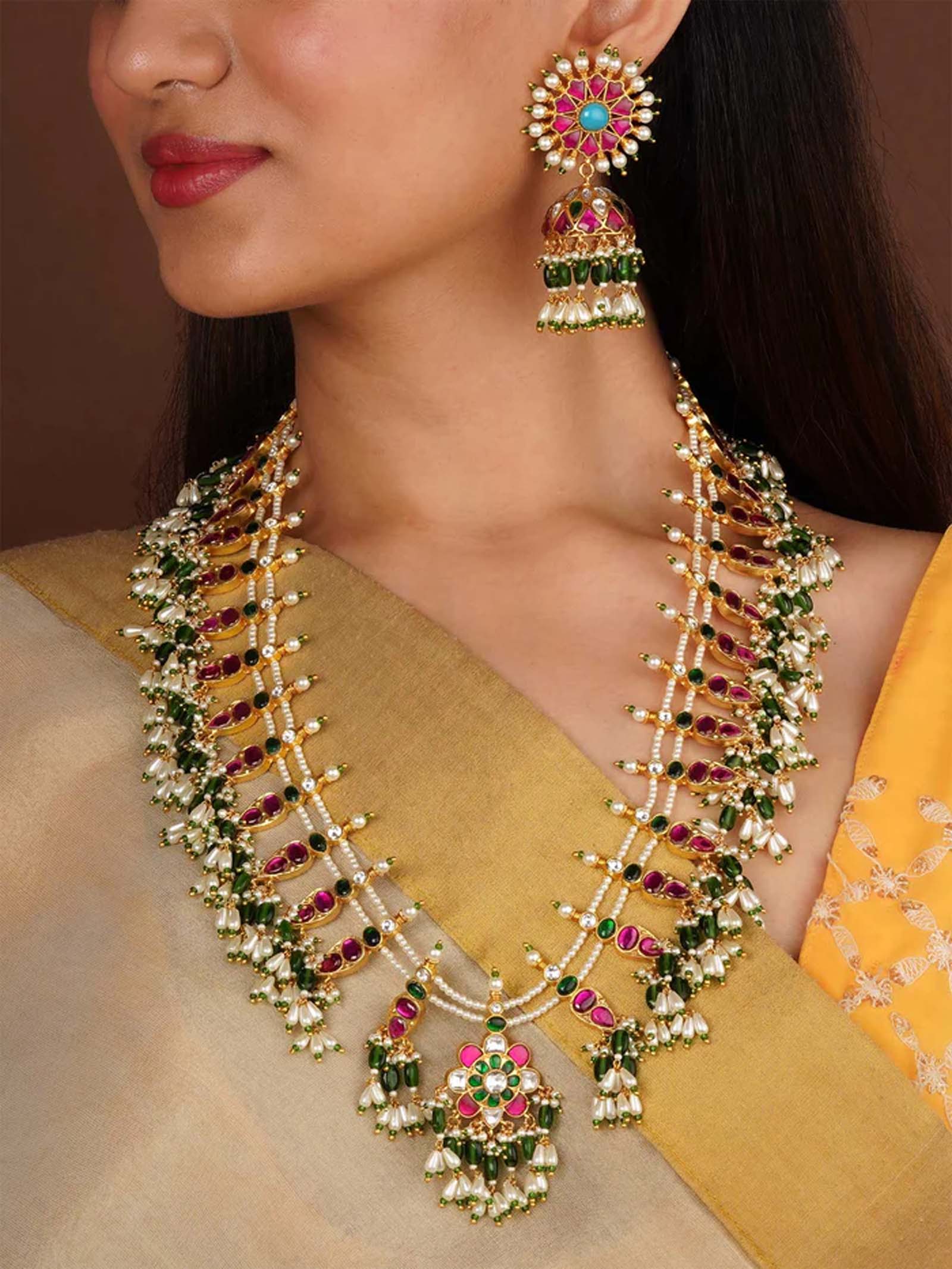 Multicolor Gold Plated Jadau Kundan Necklace Set - MS2026M