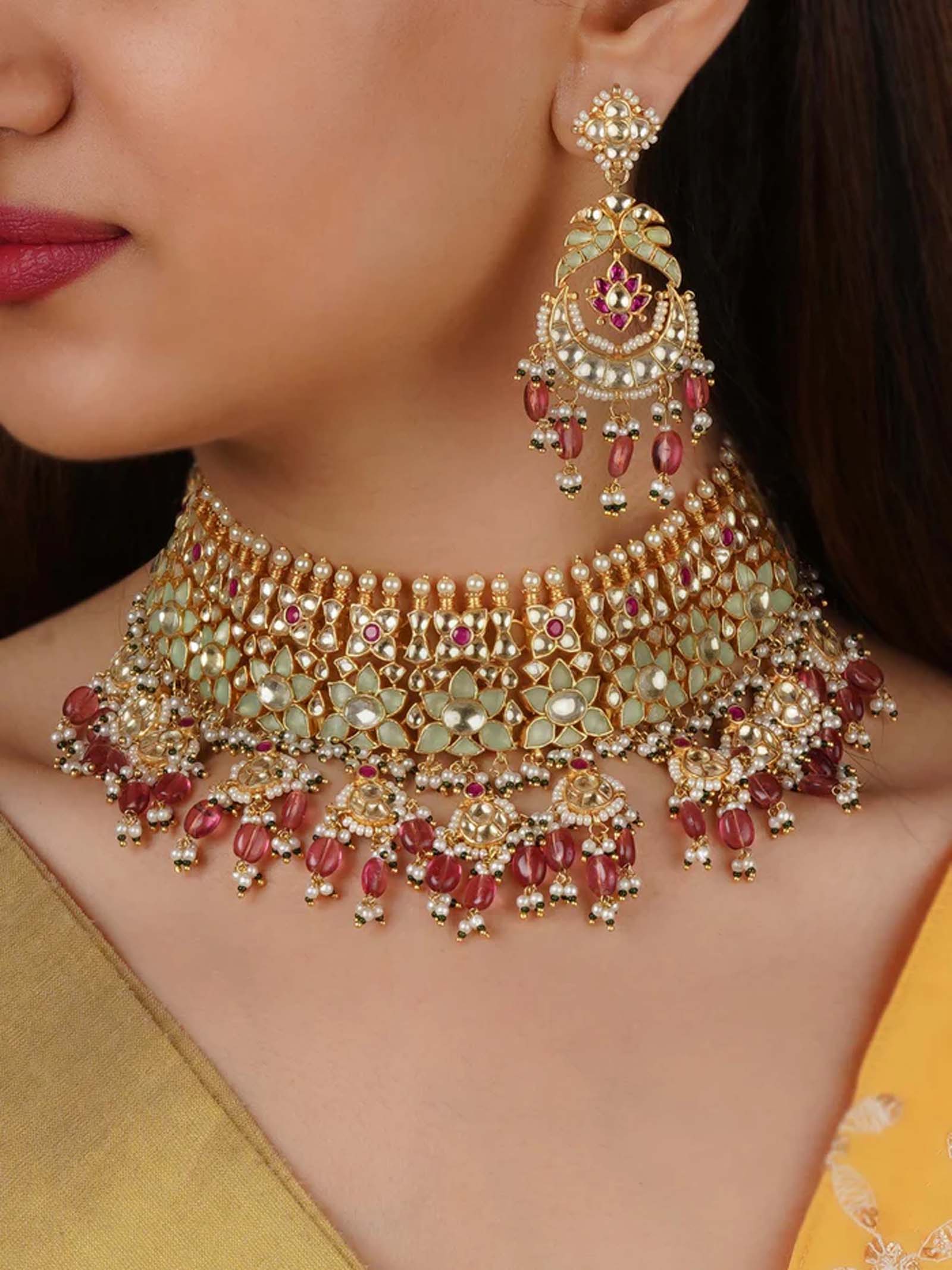 Gold Plated Jadau Kundan Necklace Set - MS2042