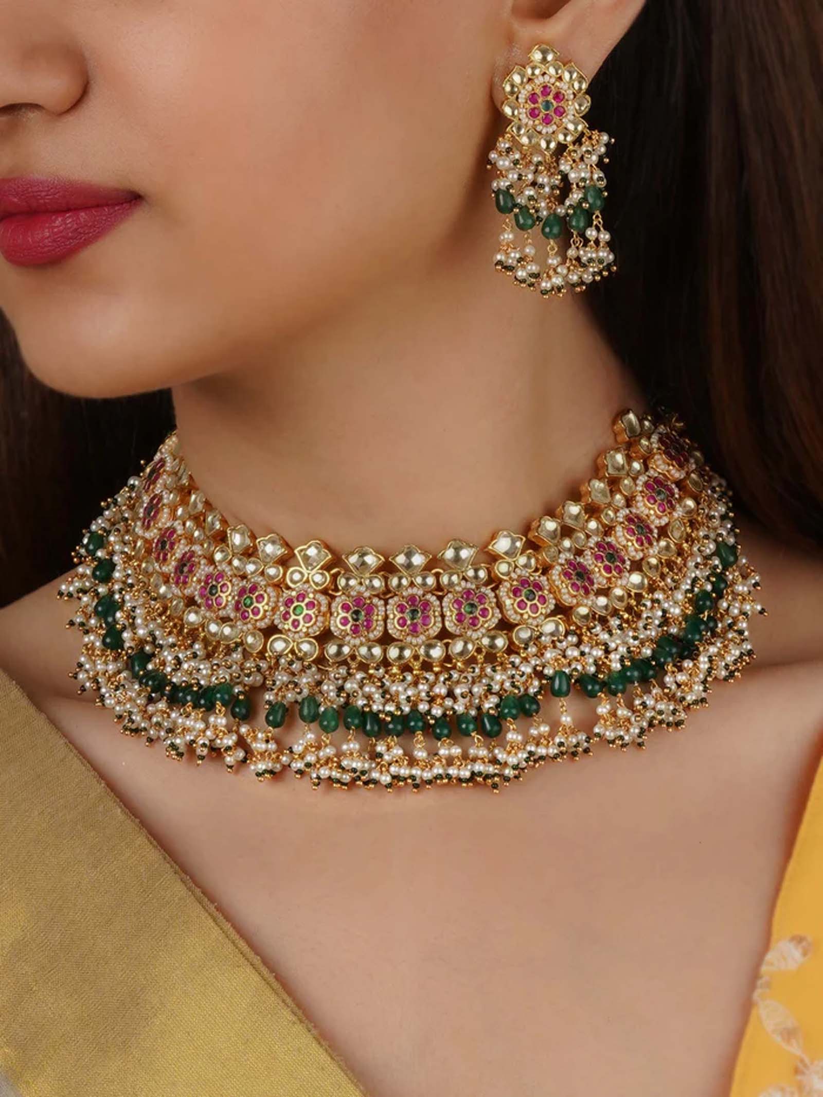 Gold Plated Jadau Kundan Necklace Set - MS2045