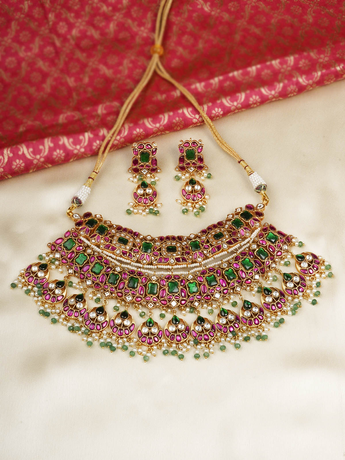 Multicolor Gold Plated Jadau Kundan Necklace Set - MS2089M