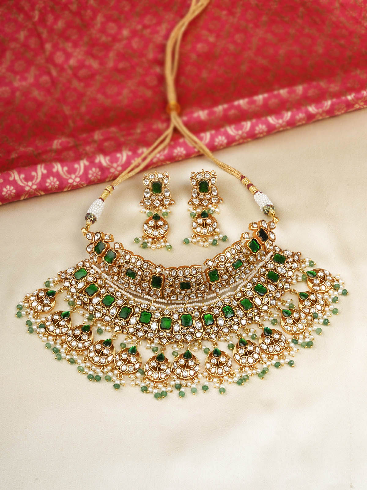 Green Color Gold Plated Jadau Kundan Bridal Necklace Set - MS2089WGR