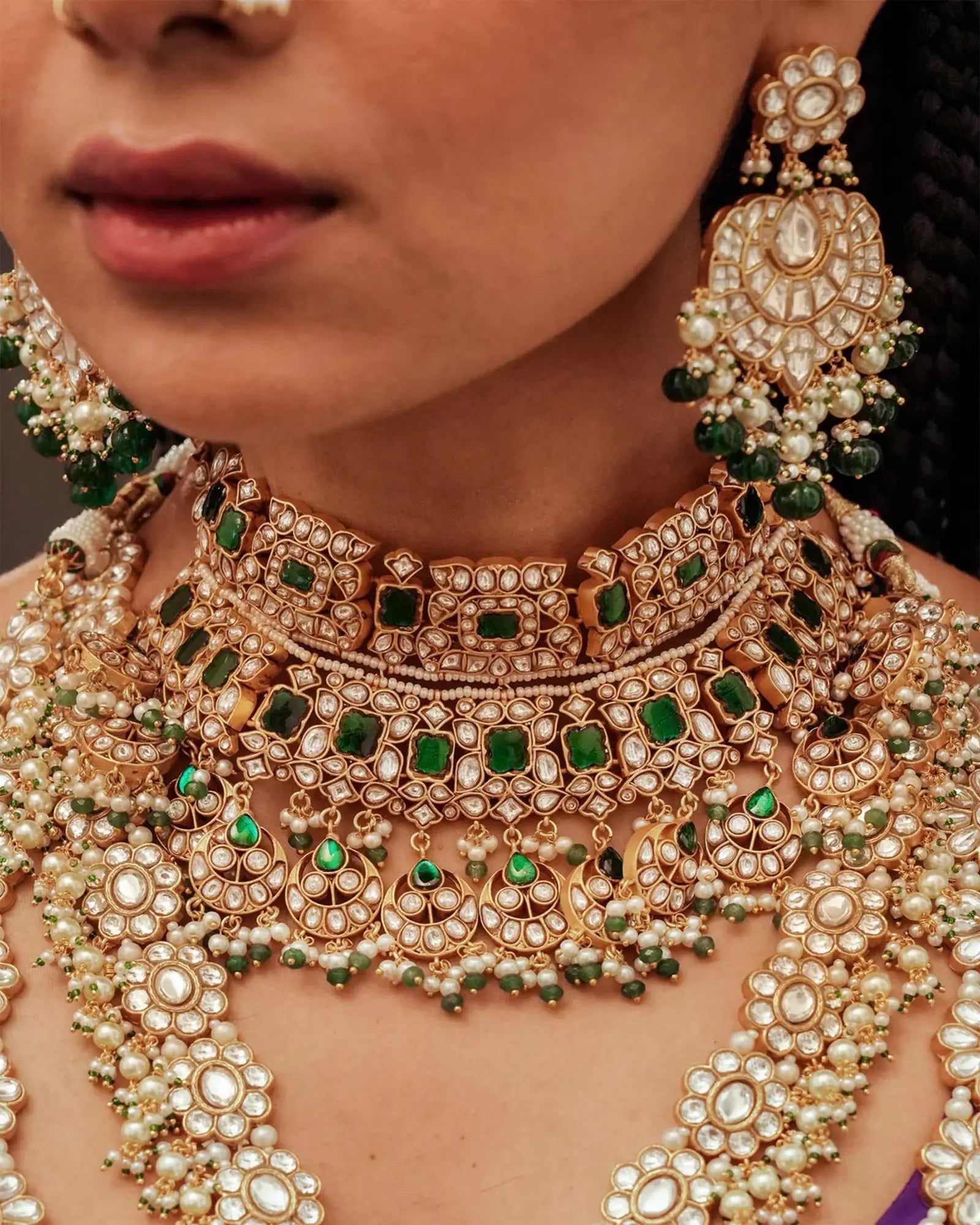 Green Color Gold Plated Jadau Kundan Bridal Necklace Set - MS2089WGR