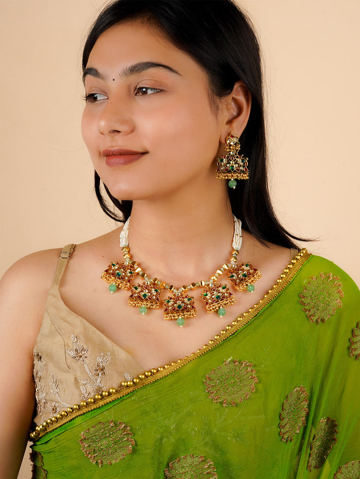 Multicolor Gold Plated Jadau Kundan Necklace Set - MS2091M