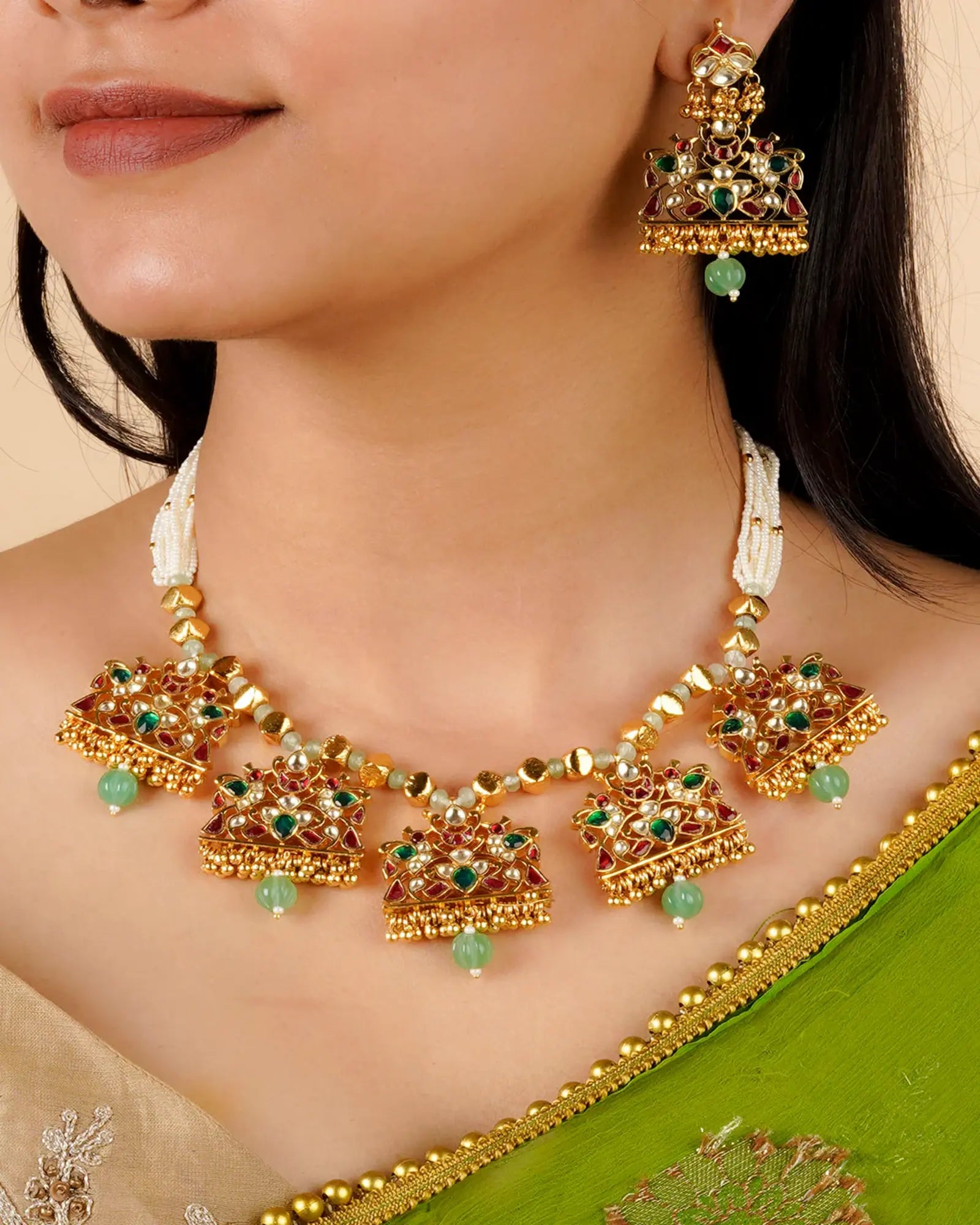 Multicolor Gold Plated Jadau Kundan Necklace Set - MS2091M