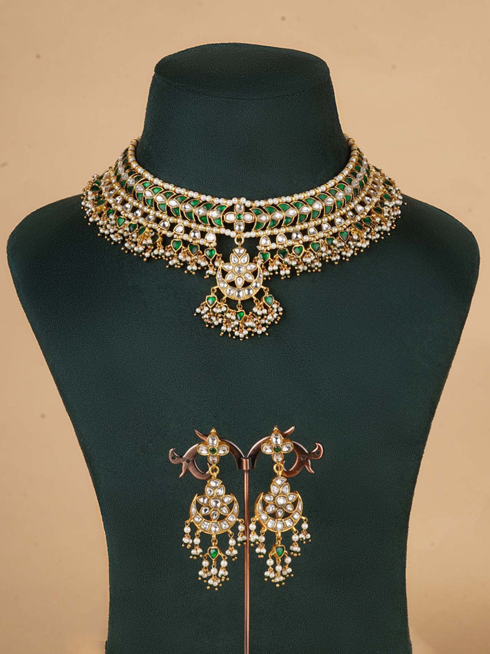 Green Color Gold Plated Jadau Kundan Necklace Set - MS2104WGR