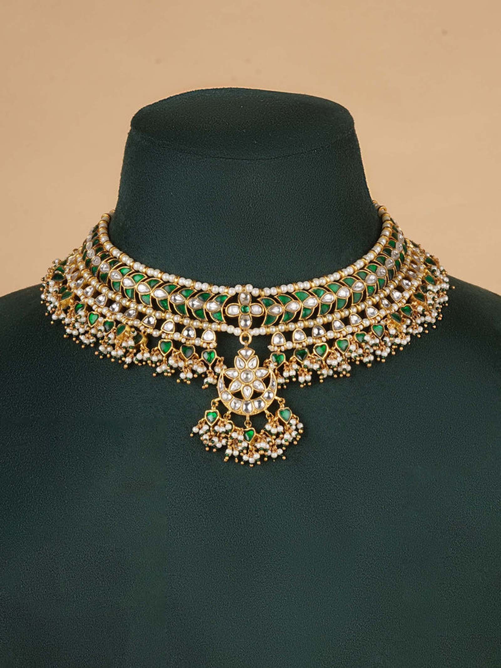 Green Color Gold Plated Jadau Kundan Necklace Set - MS2104WGR