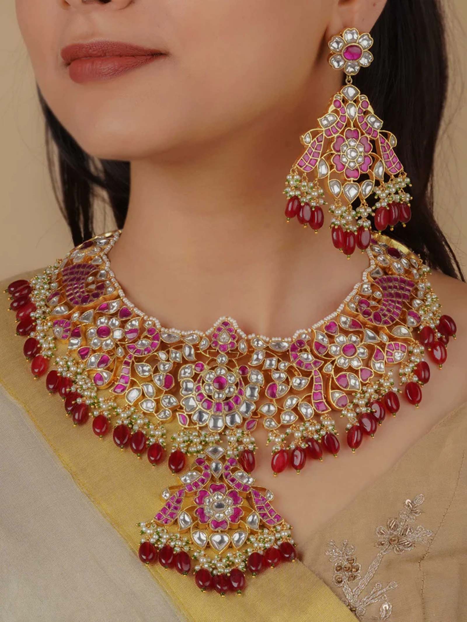 Pink Color Gold Plated Jadau Kundan Bridal Necklace Set - MS2116WP