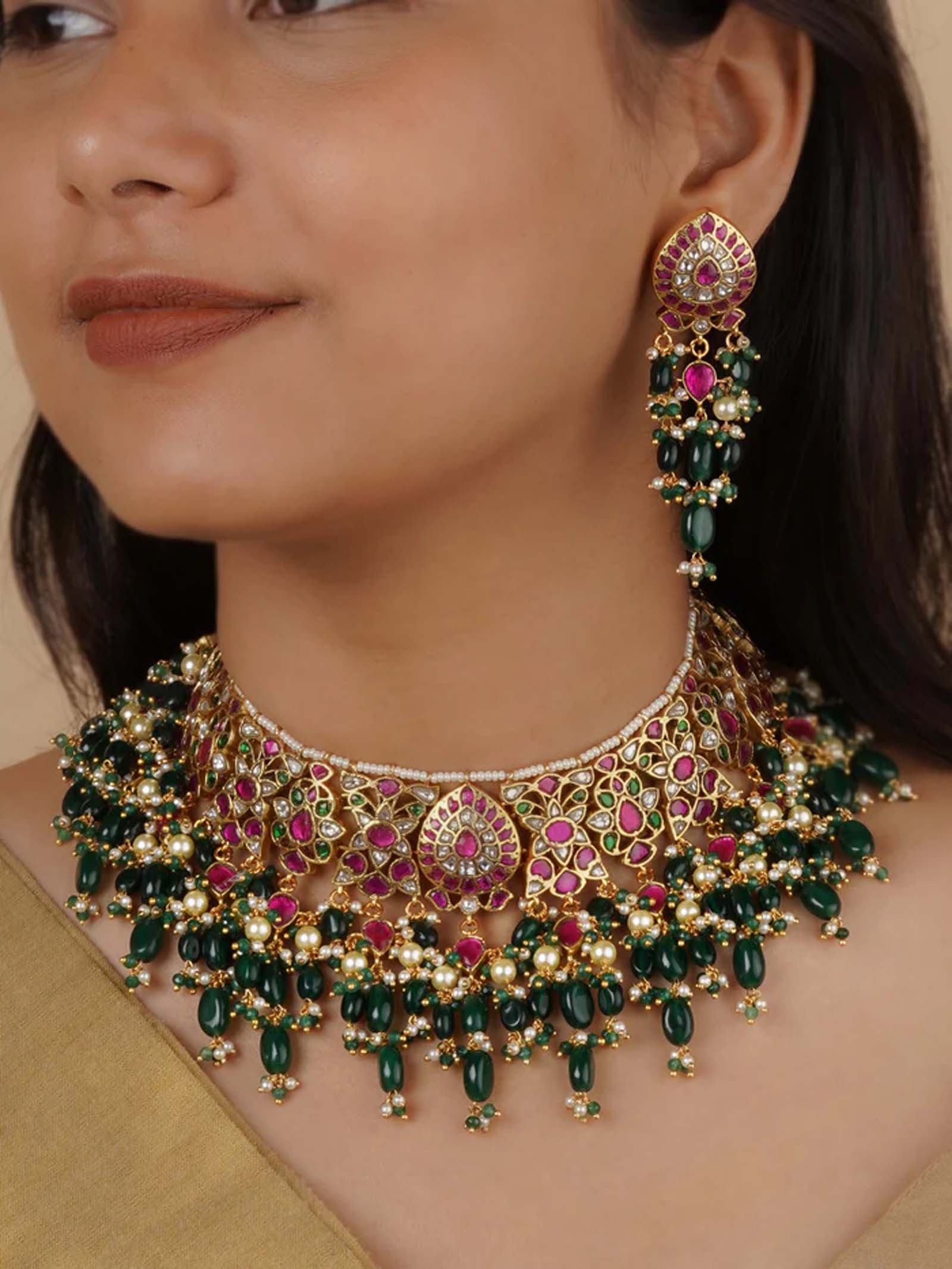 Multicolor Gold Plated Jadau Kundan Necklace Set - MS2122M