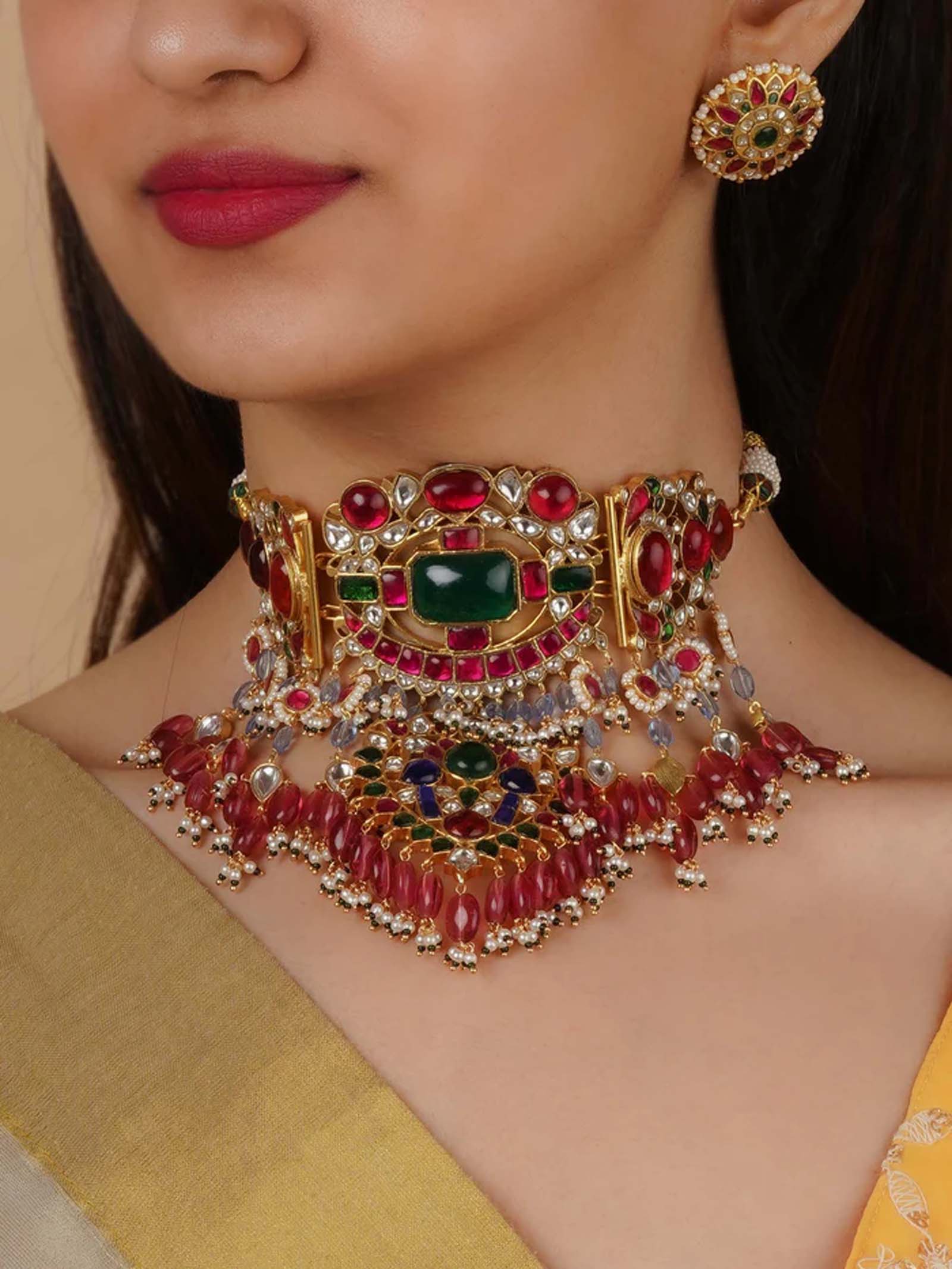 Multicolor Gold Plated Jadau Kundan Necklace Set - MS2150M