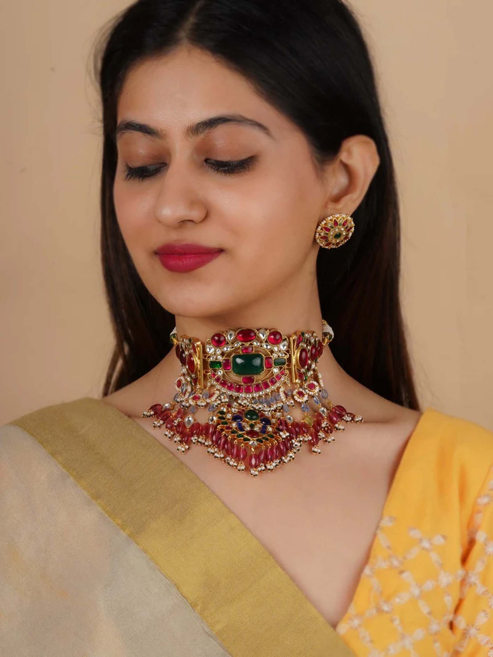 Multicolor Gold Plated Jadau Kundan Necklace Set - MS2150M