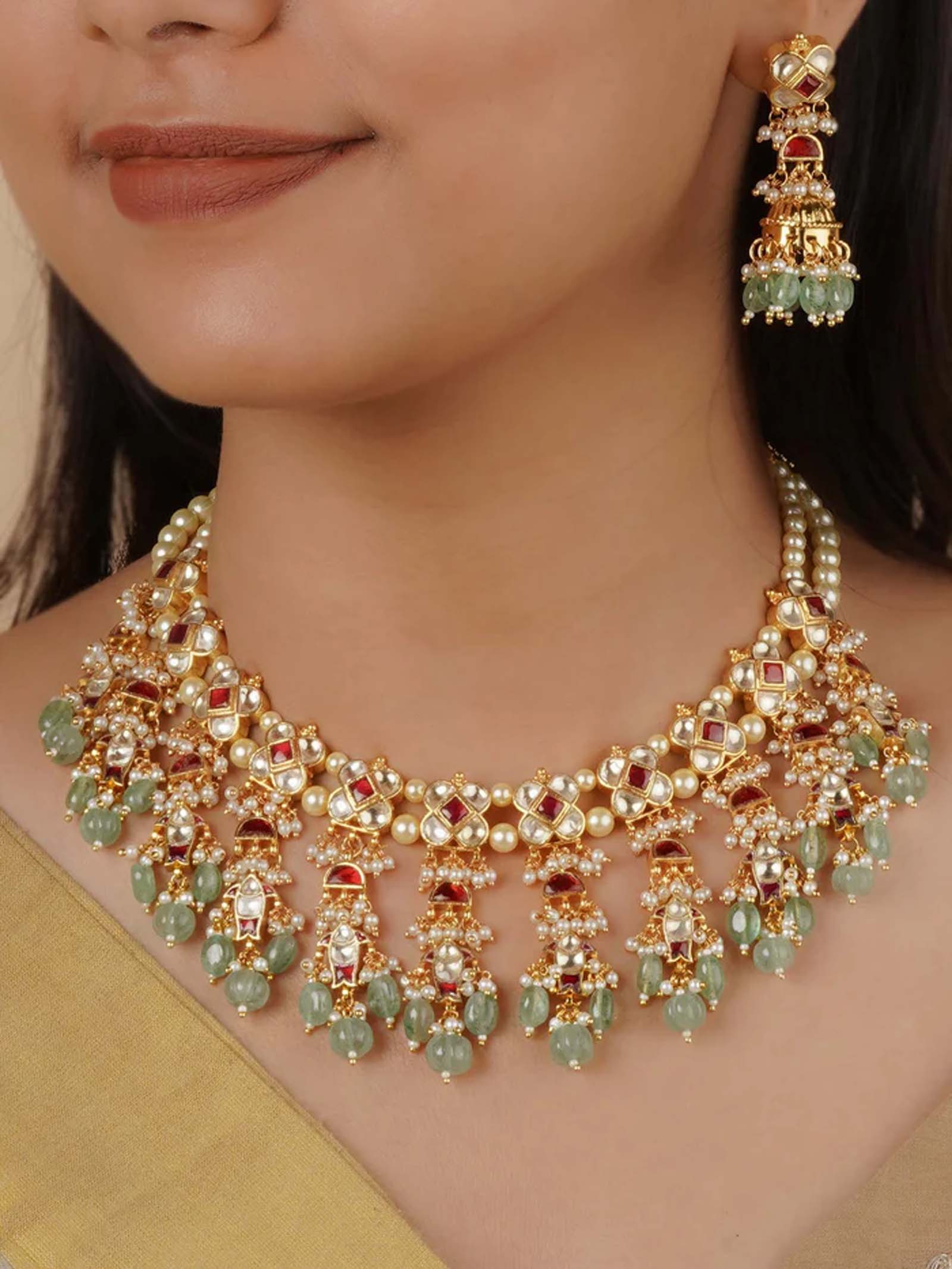 Red Color Gold Plated Jadau Kundan Necklace Set - MS2159YR