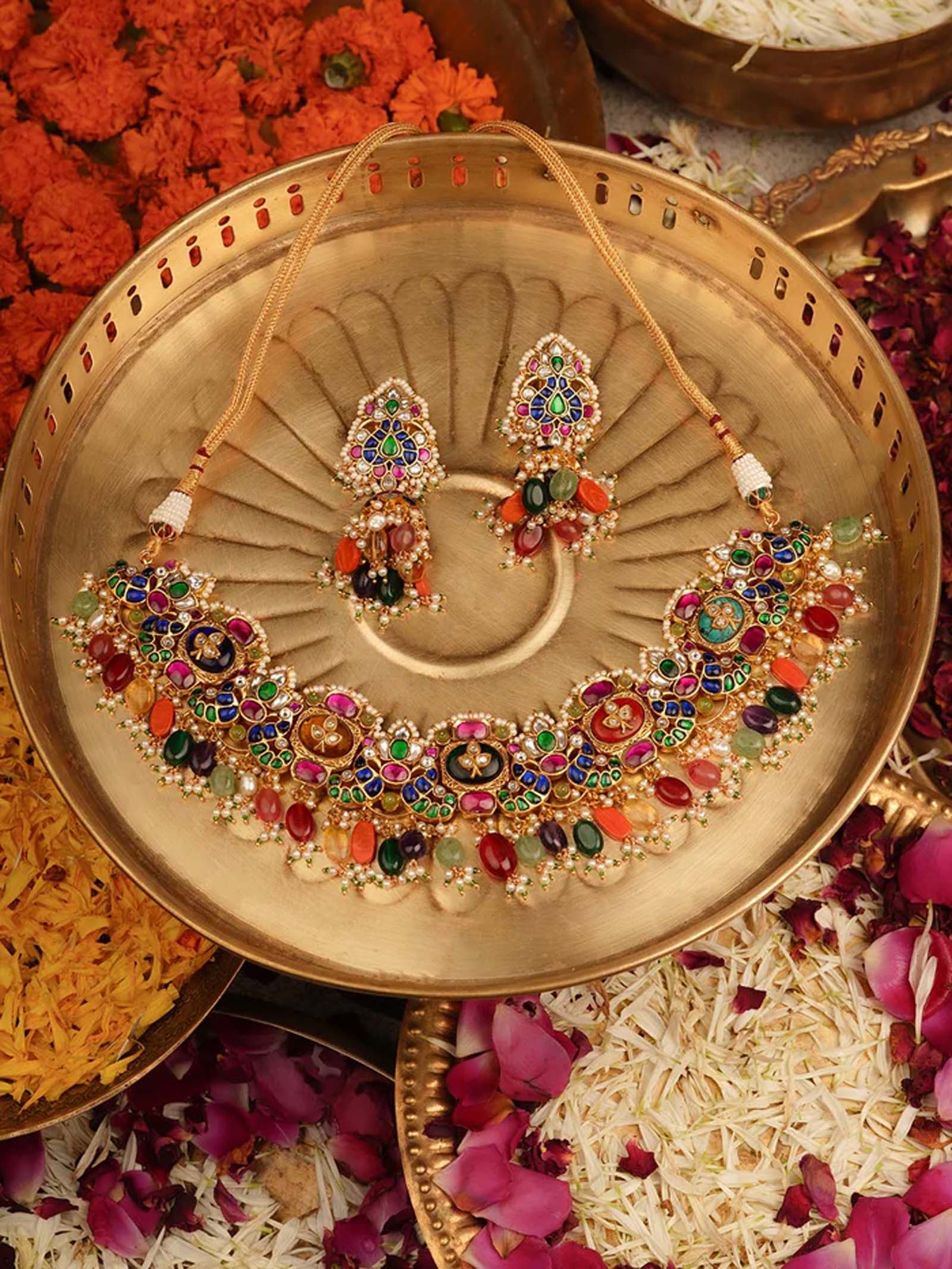 Multicolor Gold Plated Jadau Kundan Necklace Set - MS2165M