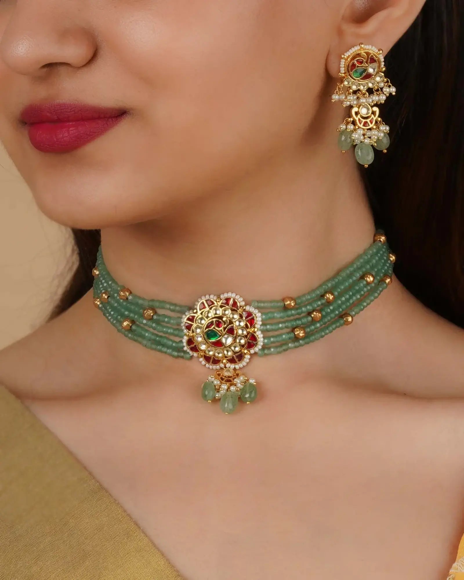 Multicolor Gold Plated Jadau Kundan Necklace Set - MS2169M