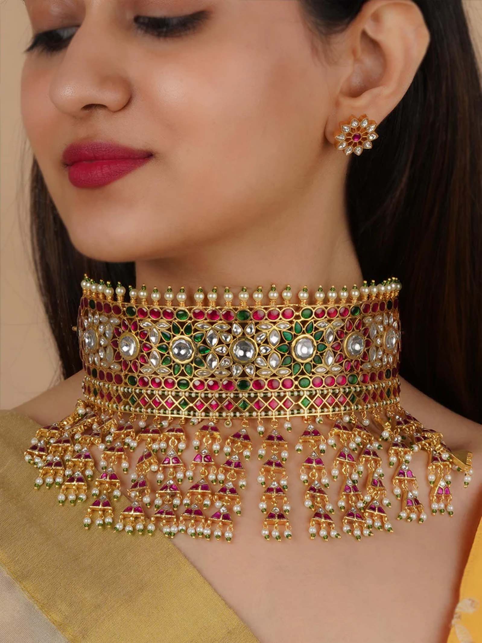 Multicolor Gold Plated Jadau Kundan Necklace Set - MS2186M