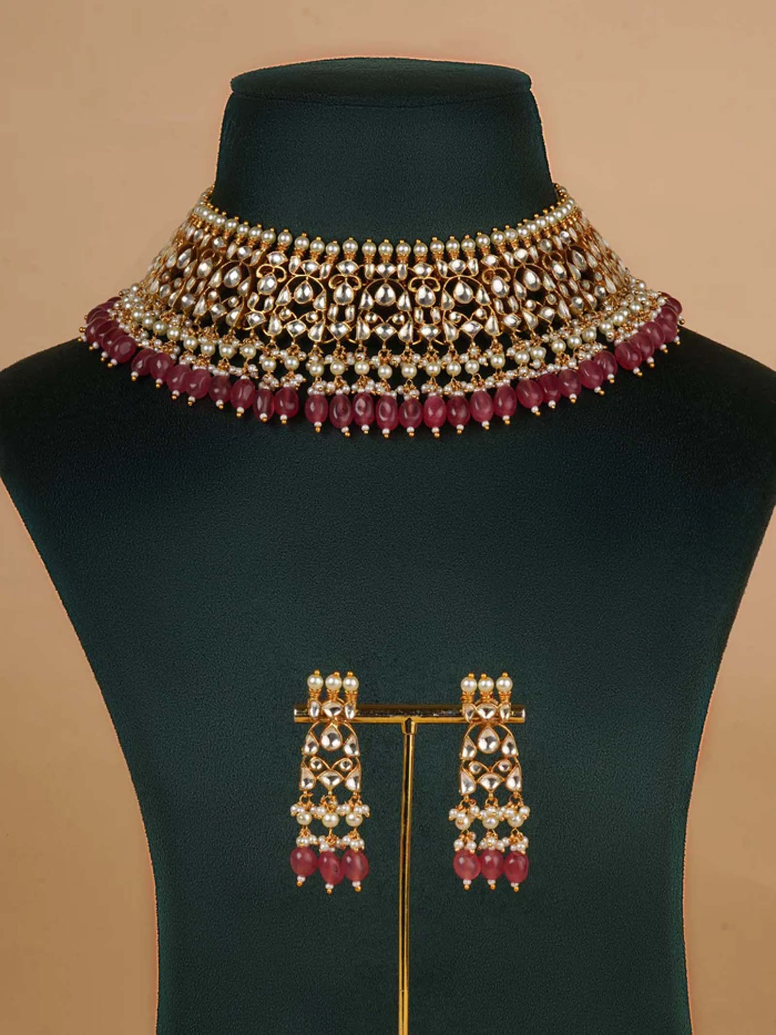 Pink Color Gold Plated Jadau Kundan Necklace Set - MS2253Y