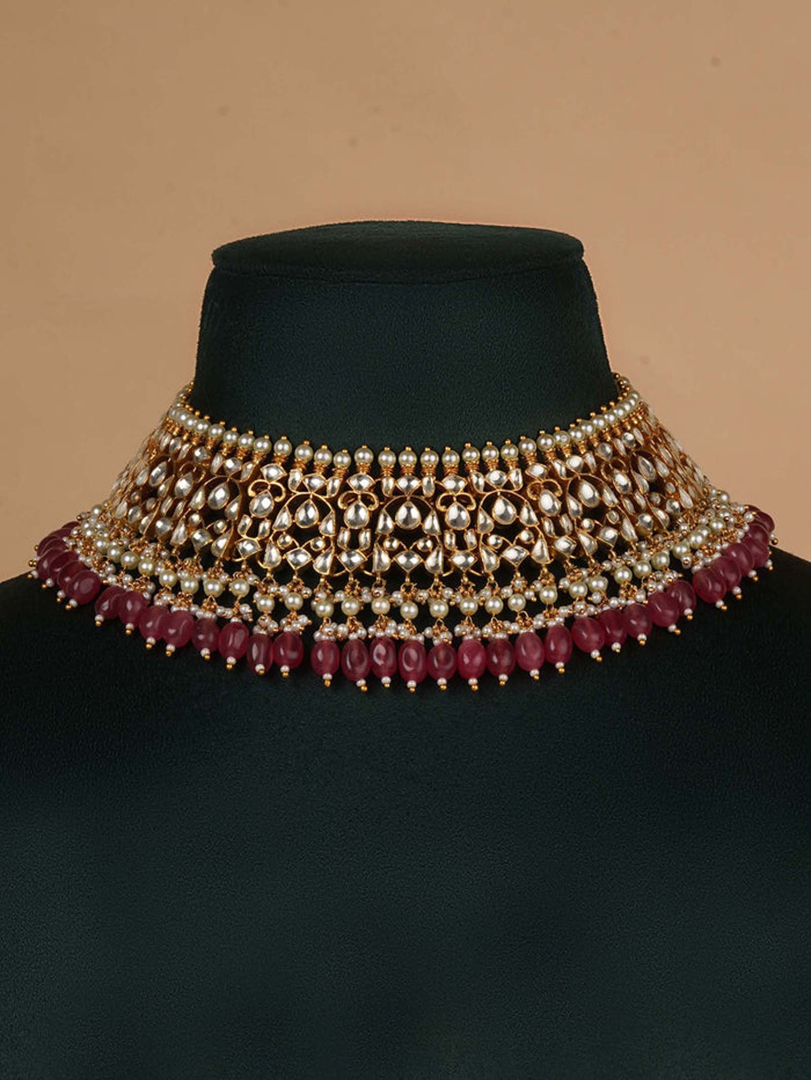 Pink Color Gold Plated Jadau Kundan Necklace Set - MS2253Y