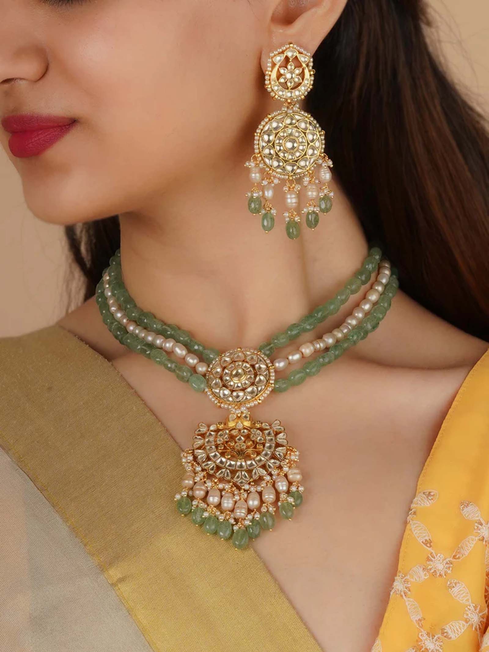 Green Color Gold Plated Jadau Kundan Necklace Set - MS2309Y