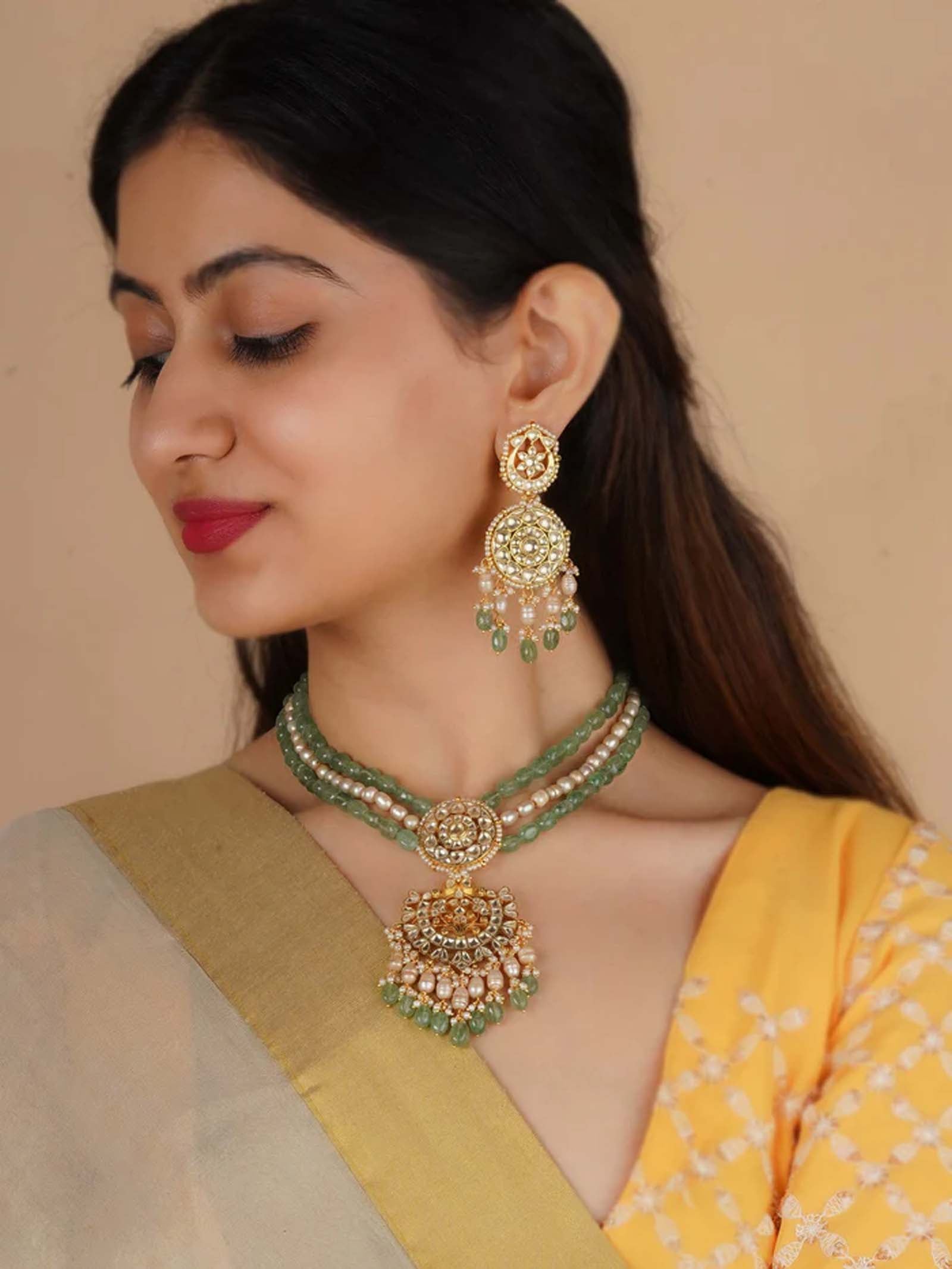 Green Color Gold Plated Jadau Kundan Necklace Set - MS2309Y