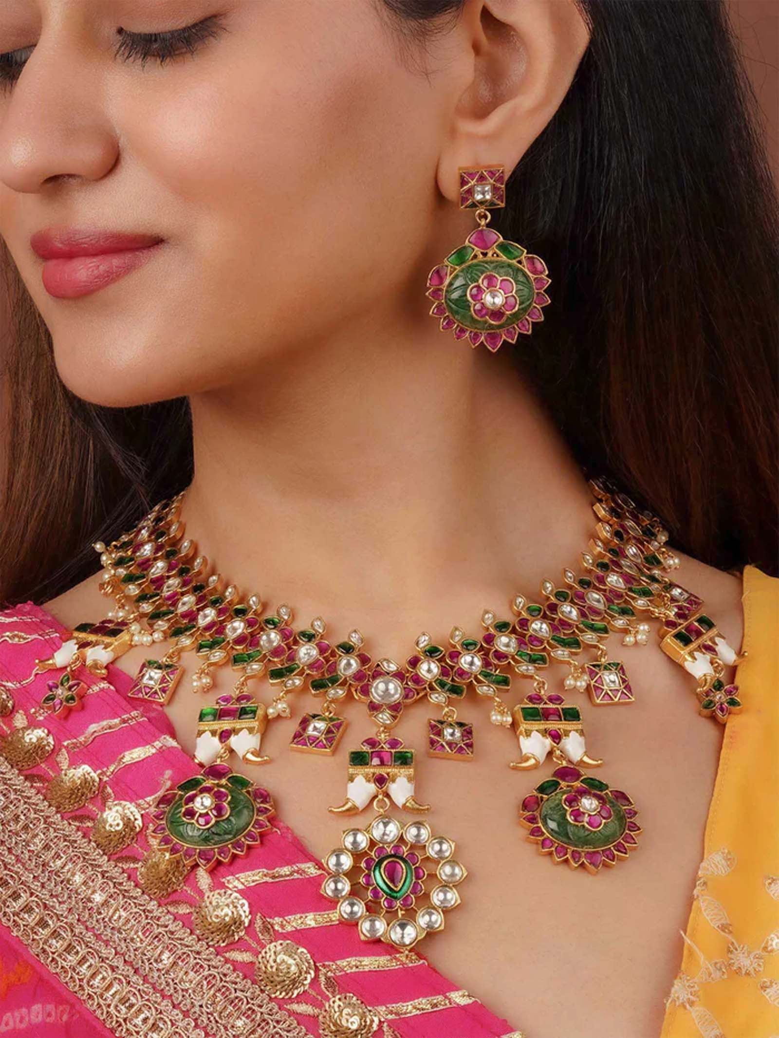 Multicolor Gold Plated Jadau Kundan Necklace Set - MS2353M