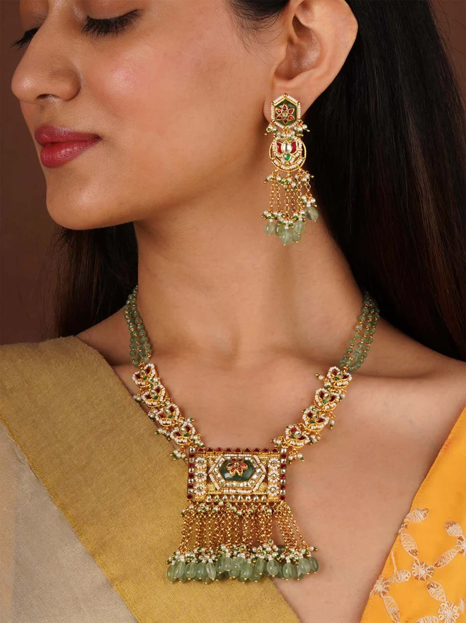 Multicolor Gold Plated Jadau Kundan Necklace Set - MS2360M