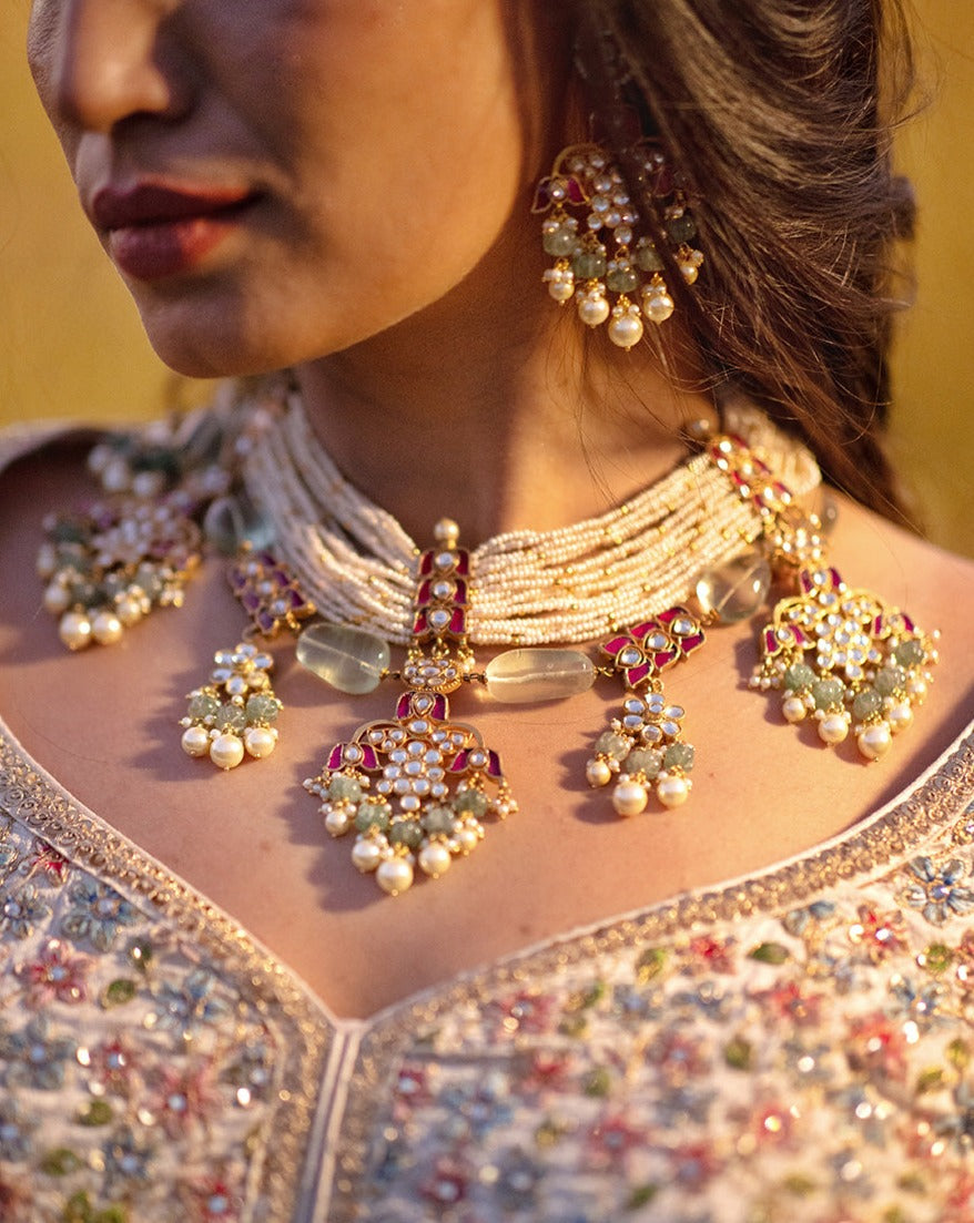 Pink Gold Plated Jadau Necklace Set With Muskmelon Beads Hanging - MS937
