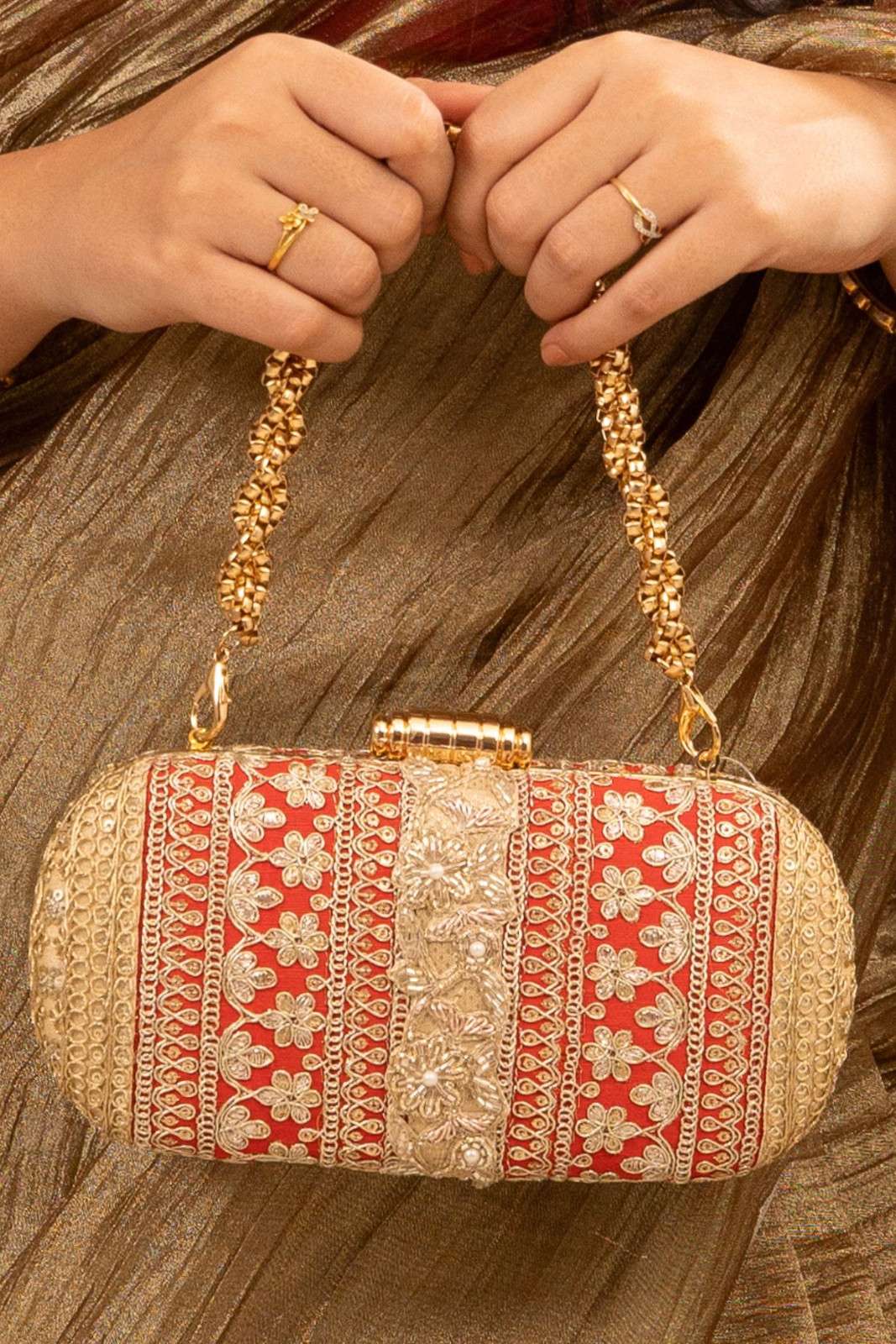 Naaz Capsule clutch - Red and Gold