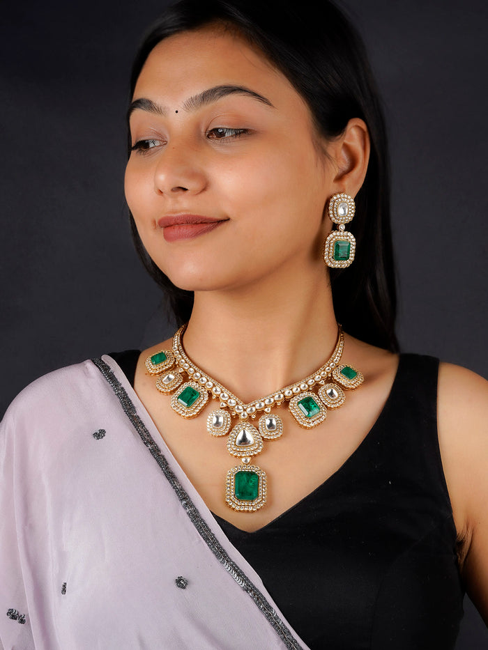 Green Color Gold Plated Faux Polki Necklace Set - PK-S45WGR