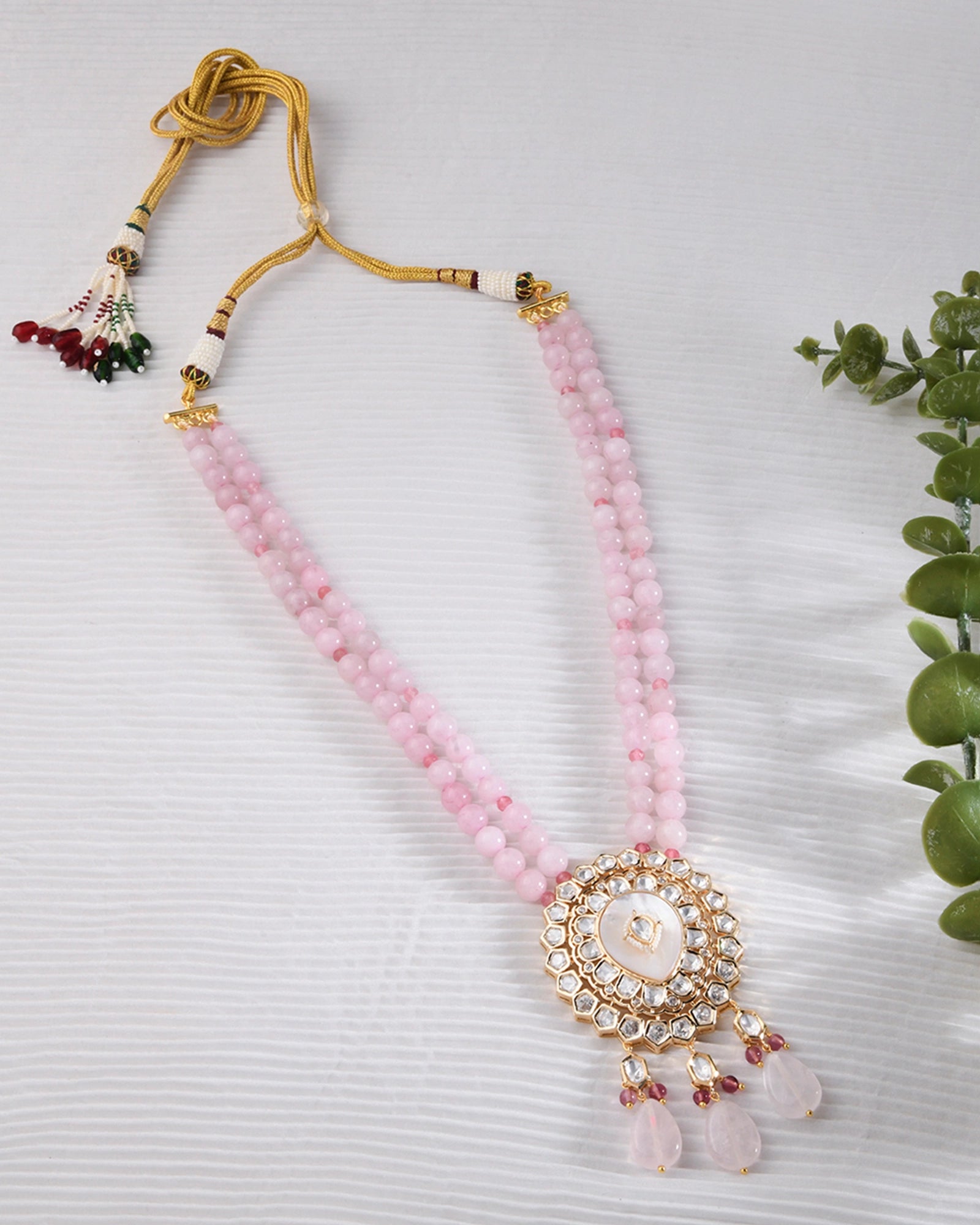 pearl Necklace features, multicolored jade beads