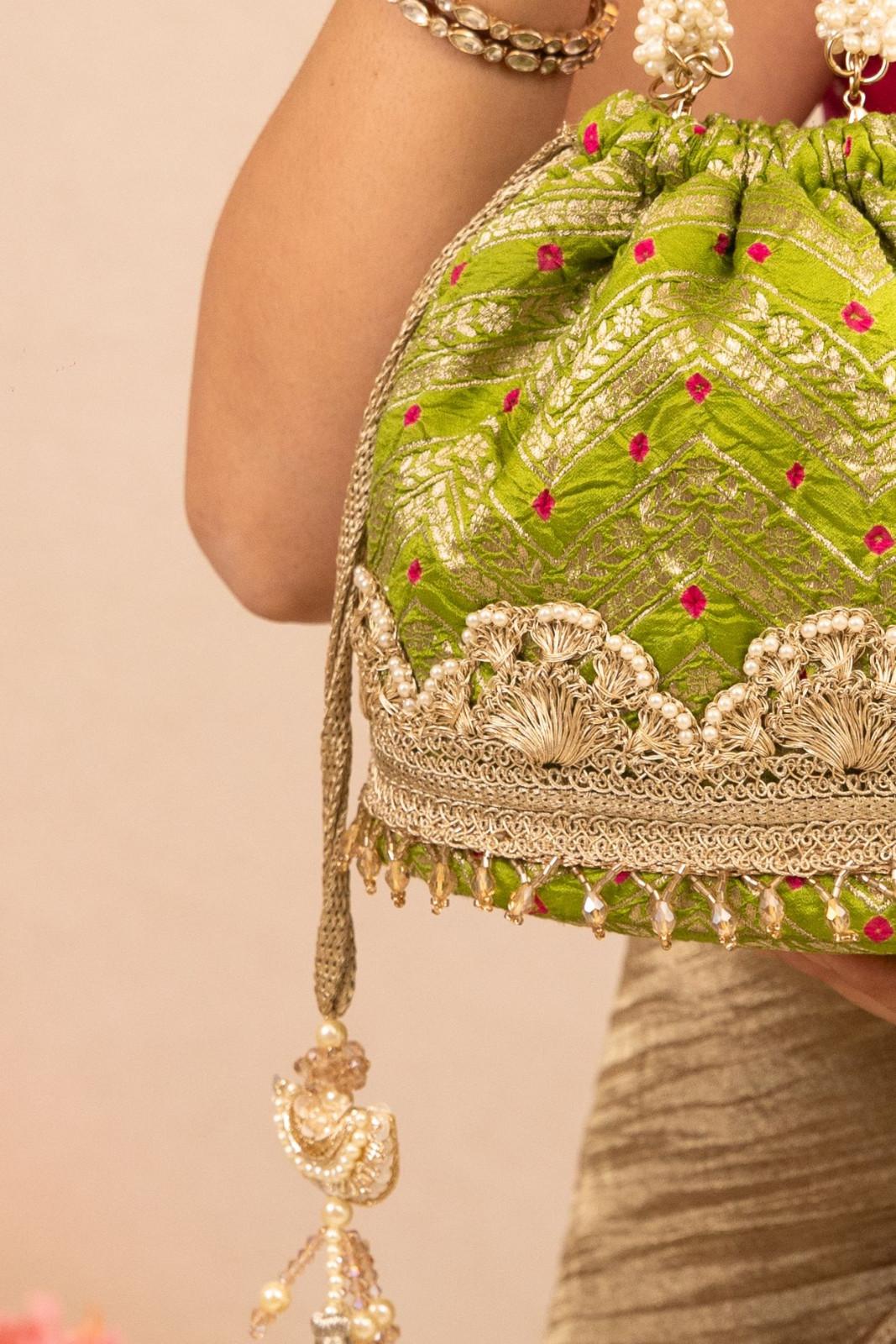 Rumani Bandhani Bucket Bag - Mehendi Green