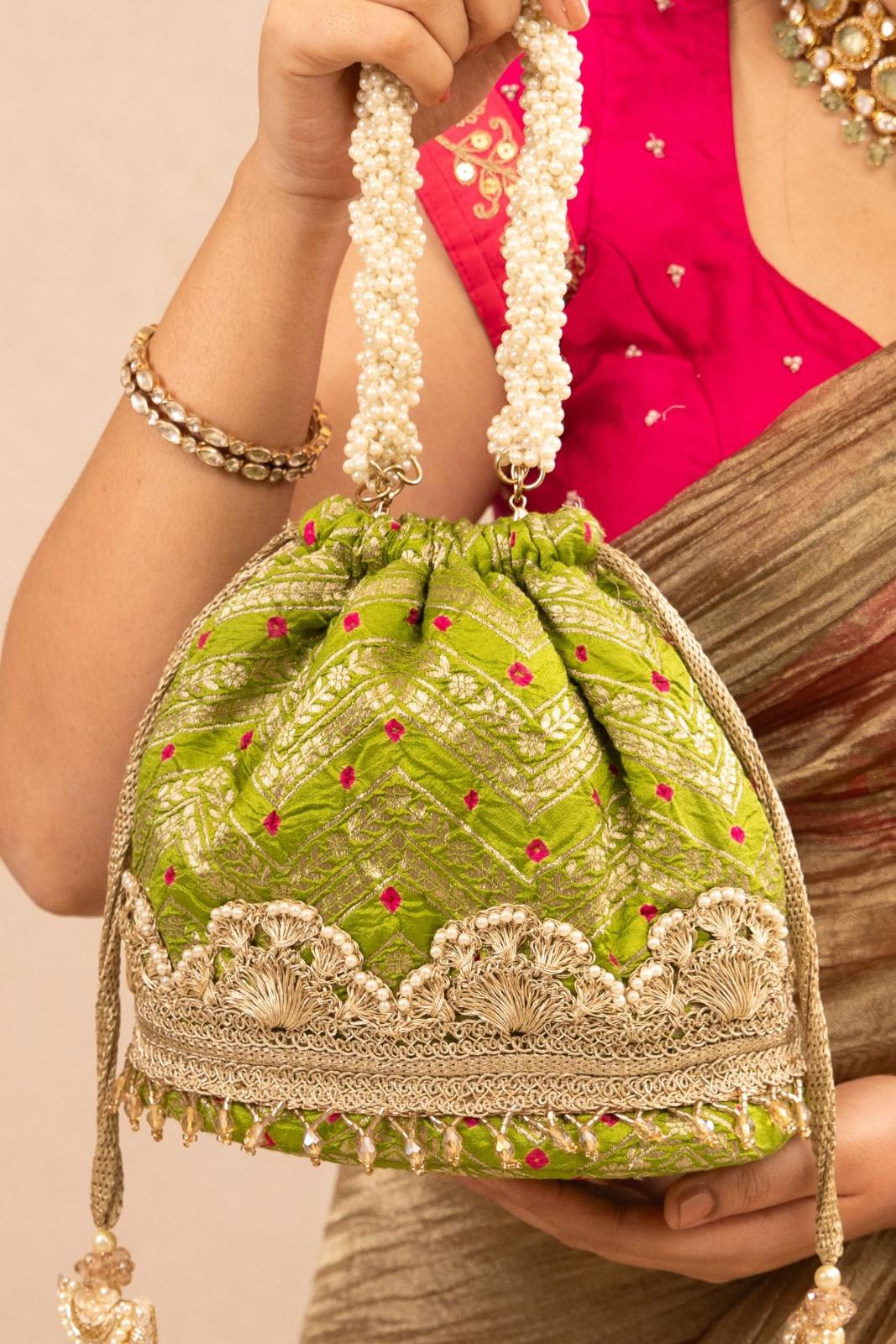 Rumani Bandhani Bucket Bag - Mehendi Green