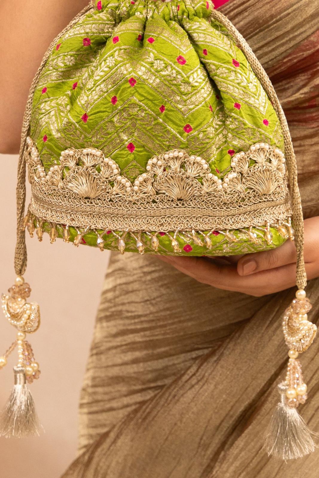 Rumani Bandhani Bucket Bag - Mehendi Green