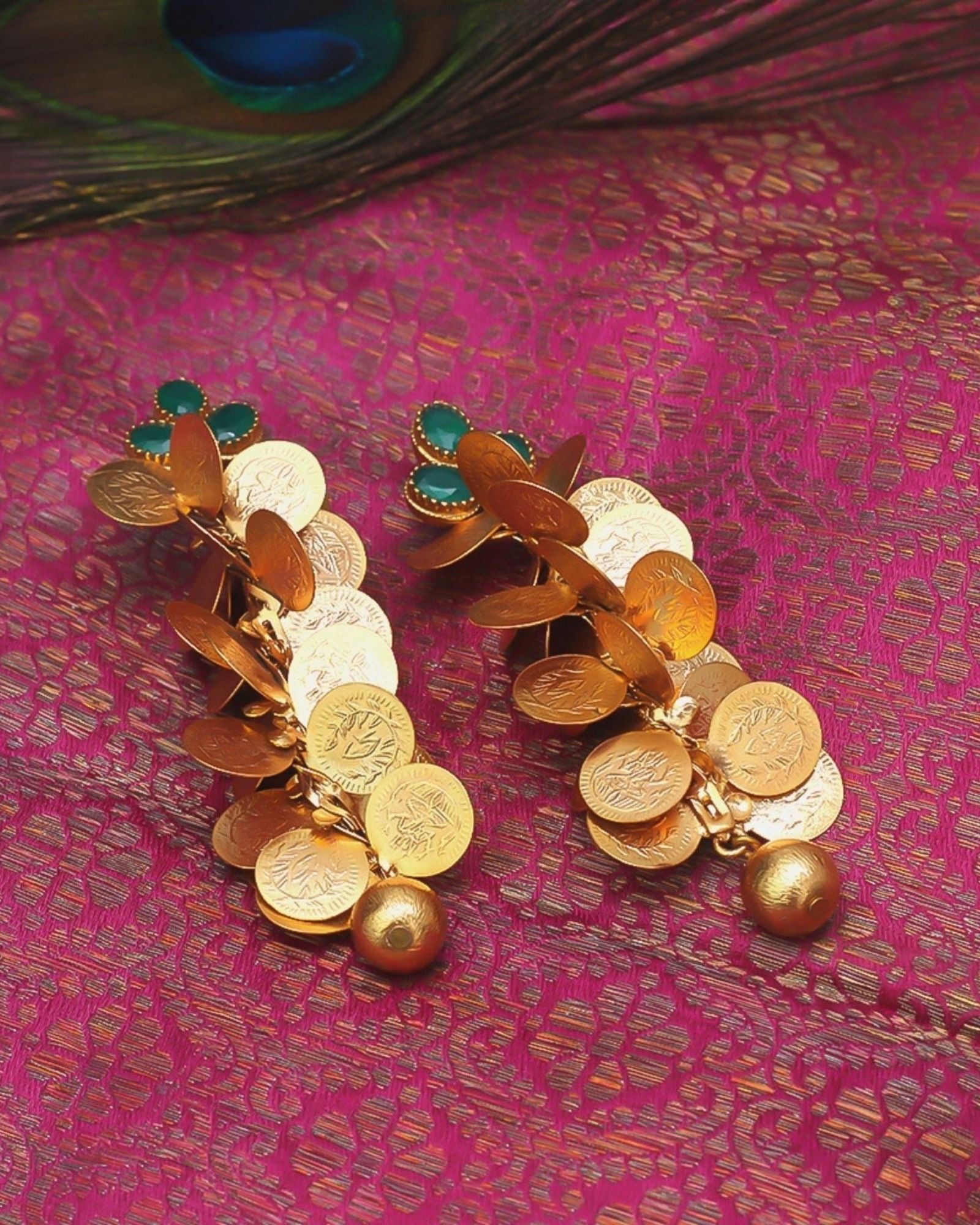 Gold coin cluster earrings with green crystals