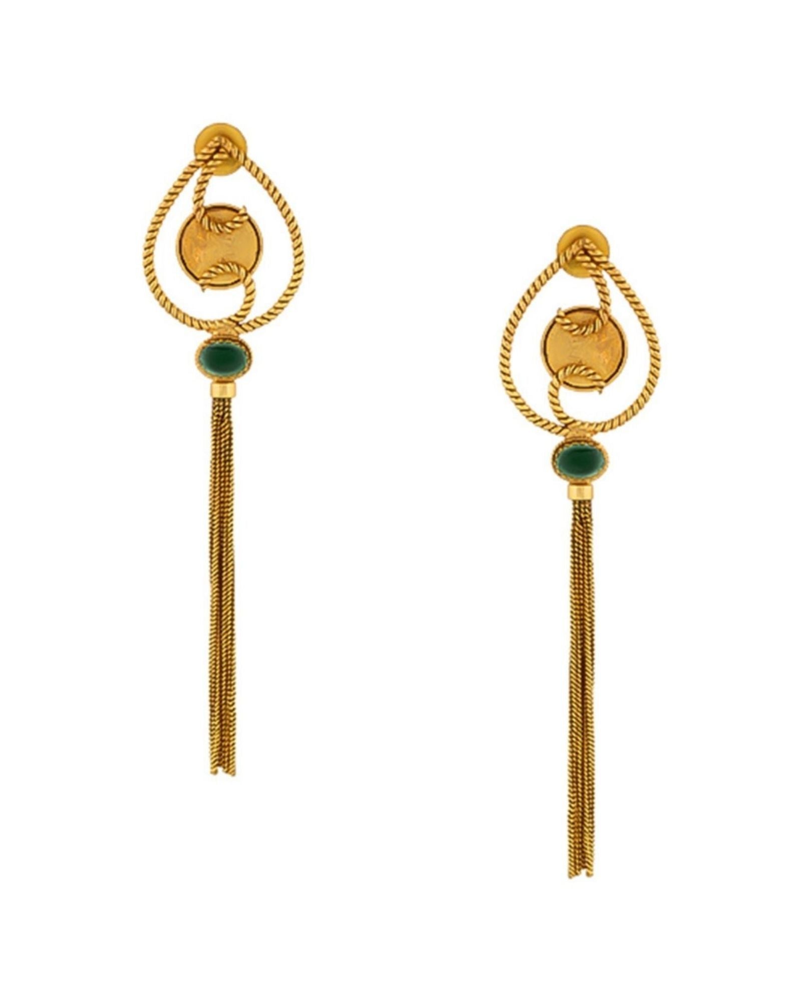 Gold Shield coin motif earrings with tassles