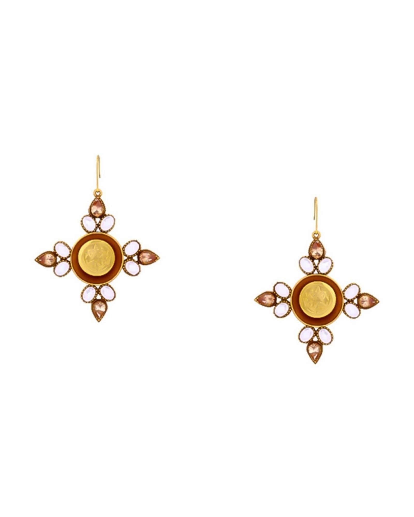 Gold coin motif and crystal dangling earrings