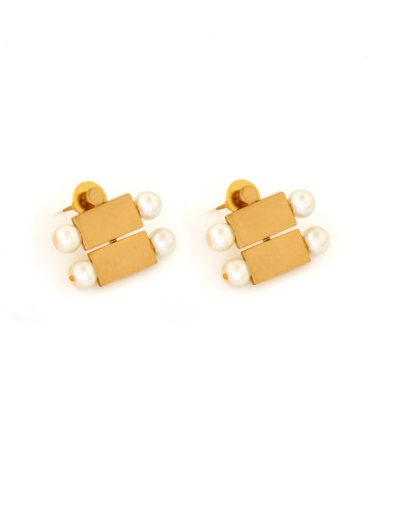 Gold Toned Brick And Pearl Stacked Duo Stud Earrings