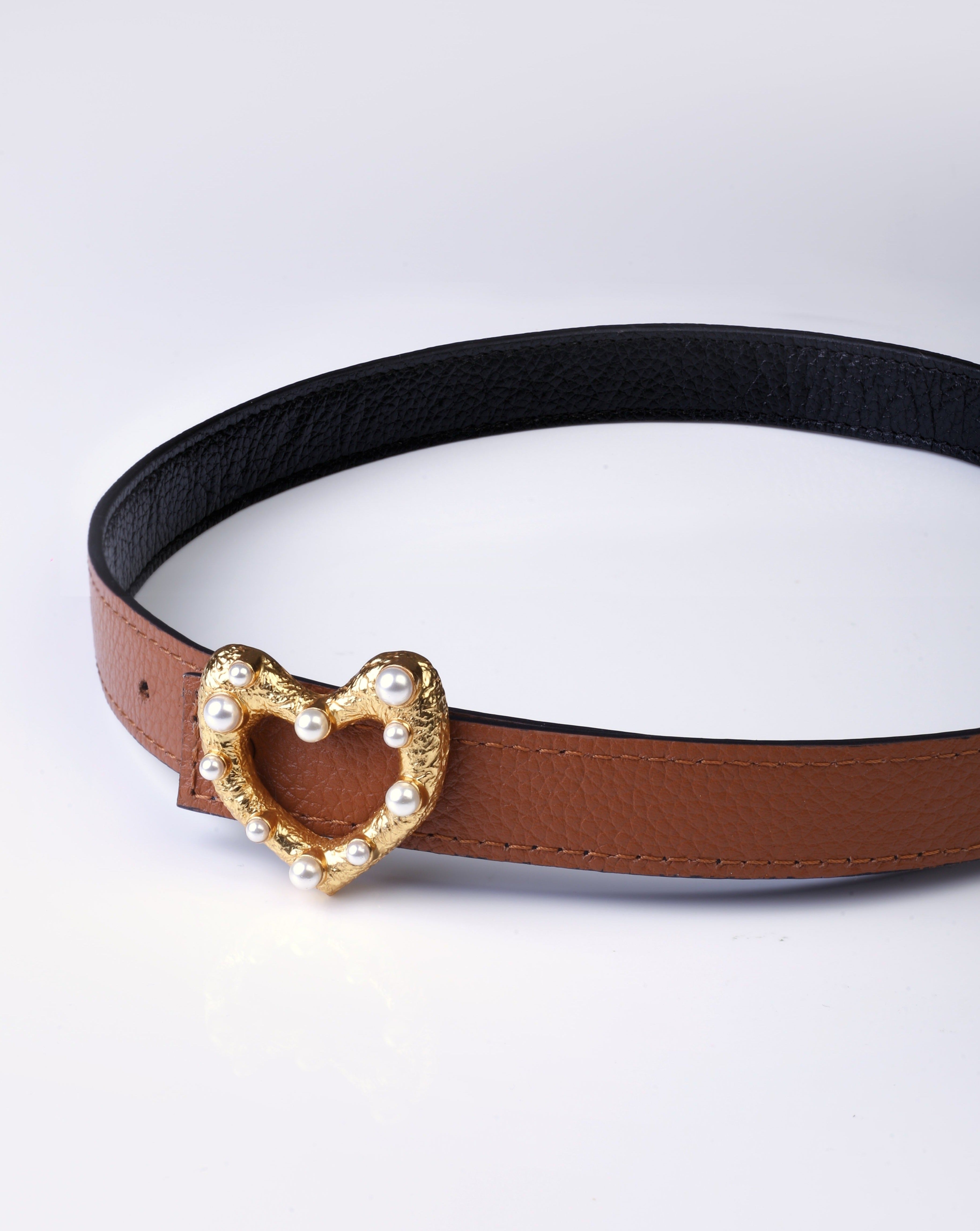 Reversible Thin Belt With Gold Heart Buckle