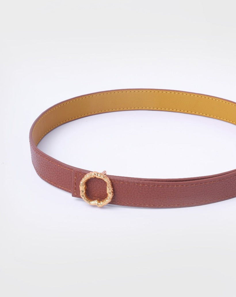 Reversible Thin Belt With Gold Round Buckle