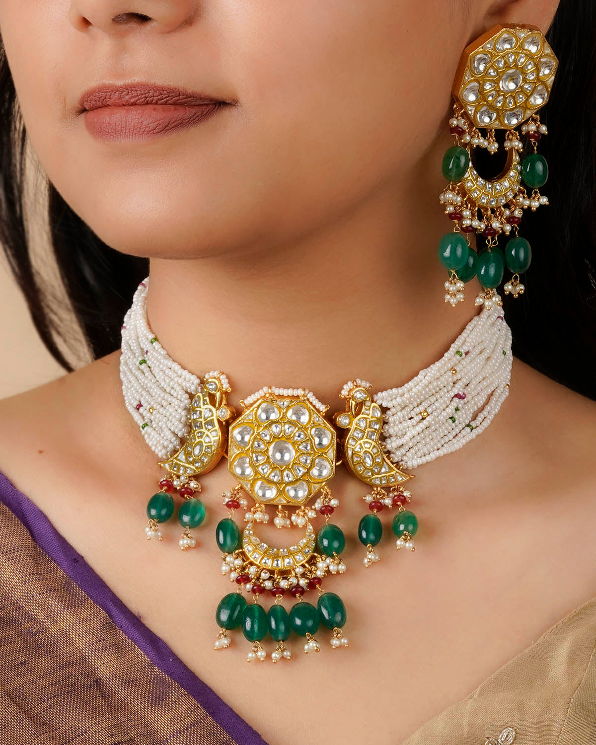 Multicolor Gold Plated Thappa Jadau Kundan Necklace Set - TJ-S102