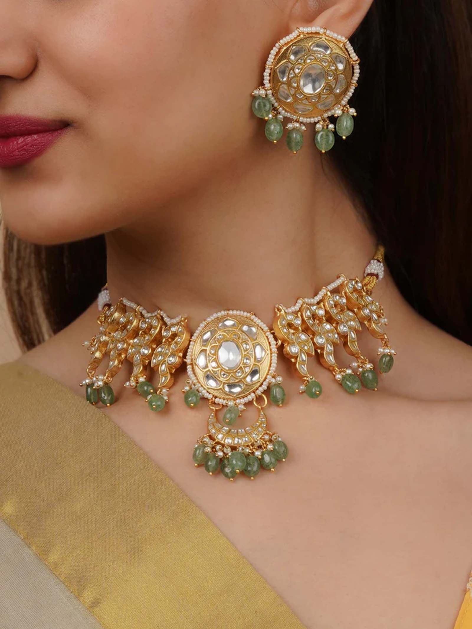 Green Color Gold Plated Thappa Jadau Kundan Necklace Set - TJ-S144